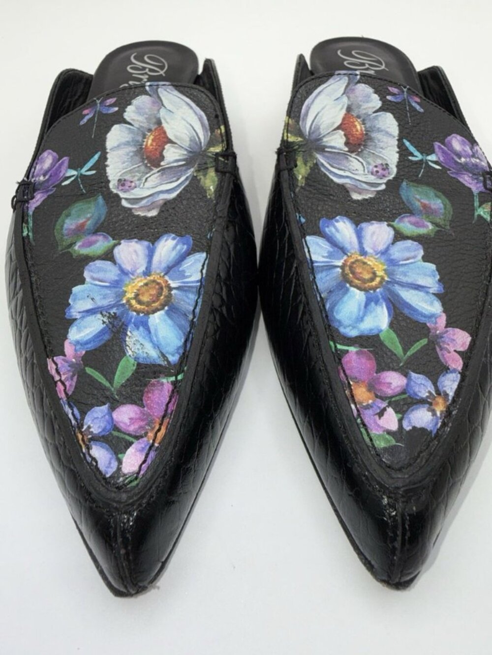 Brighton Floral Everly Mules Croc Embossed Black Low Heel Sz 9 Made In Italy - Picture 13 of 16